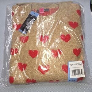 Vince Camuto Tan Sweater with Red Heart Pattern